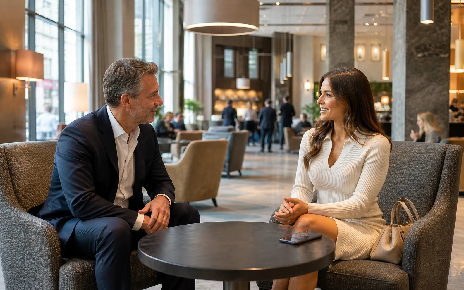 Two adults meeting in a bright public hotel lounge in the UK