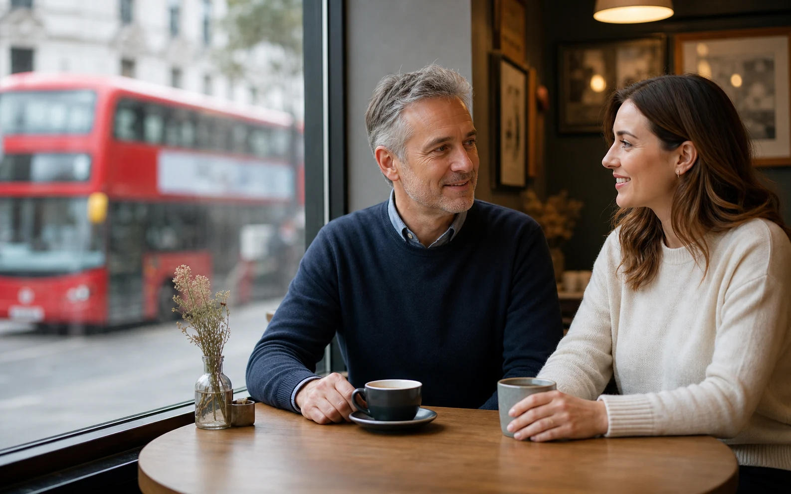 Two adults enjoying a relaxed coffee date in a London café